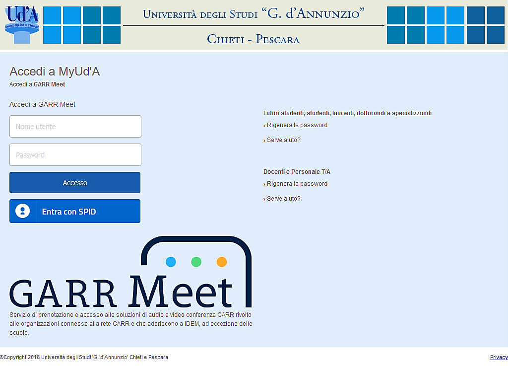 Home page GARR Meet credenziali