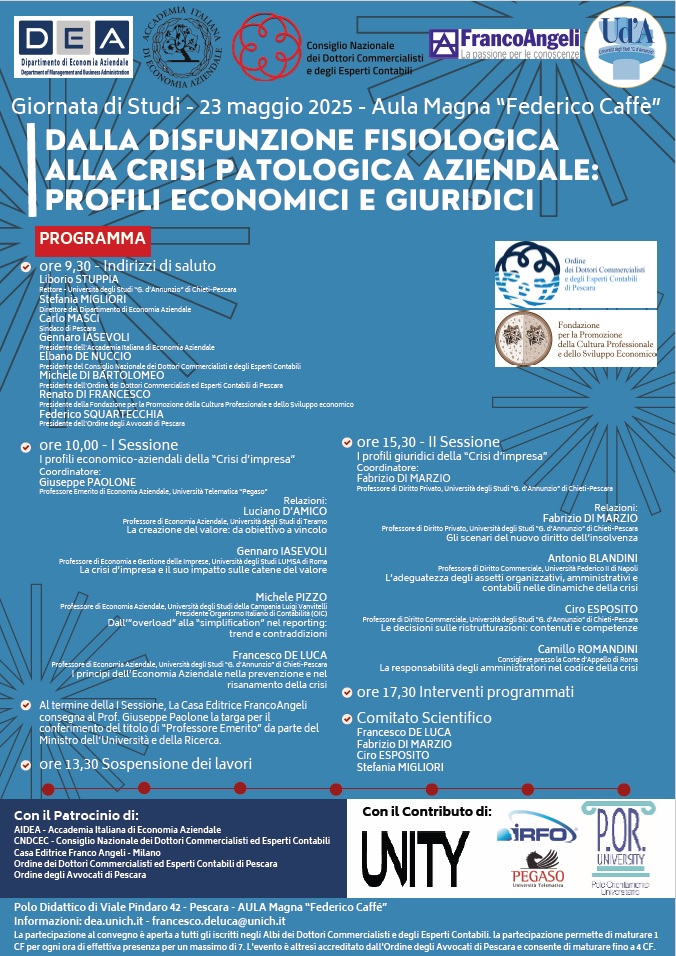 Locandina convegno “Dalla disfunzione fisiologica alla crisi patologica aziendale. Profili economici e giuridici”.