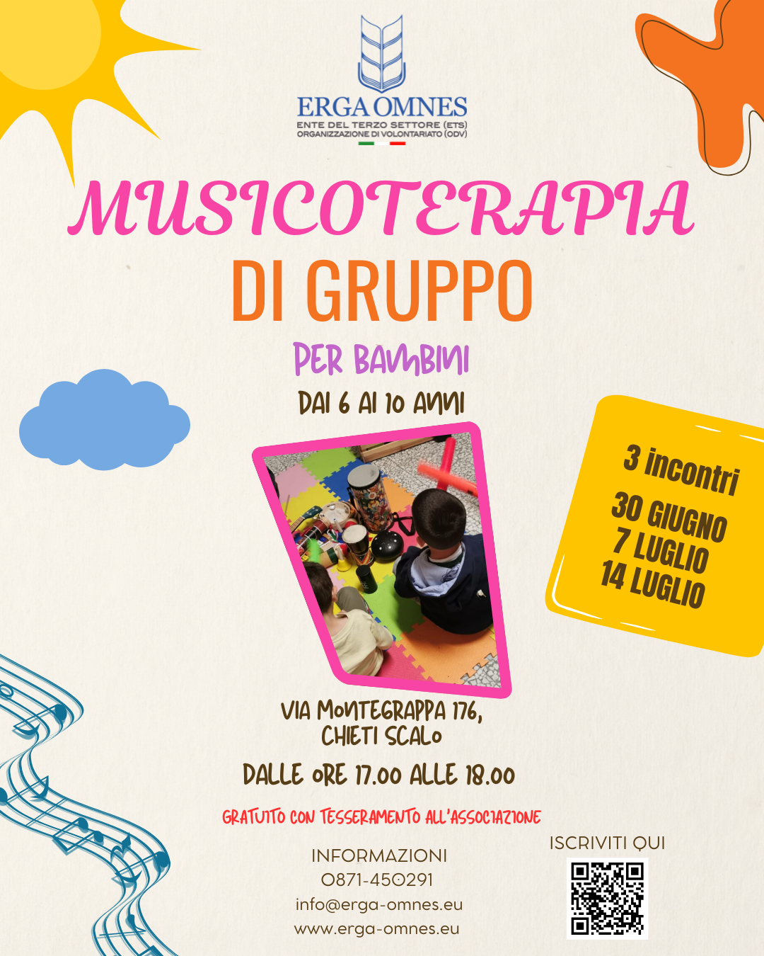 Locandina musicoterapia di gruppo Erga Omnes