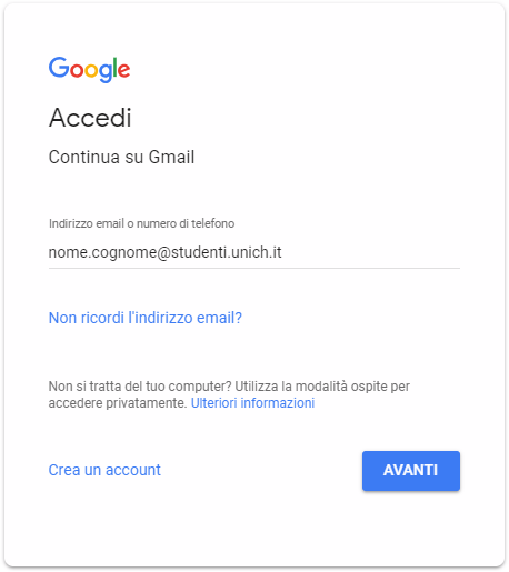 schermata primo accesso Gmail